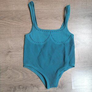 Neo-vintage Eco-luxe Teal Green Knit Pointelle Stretch Jersey Tank Bodysuit